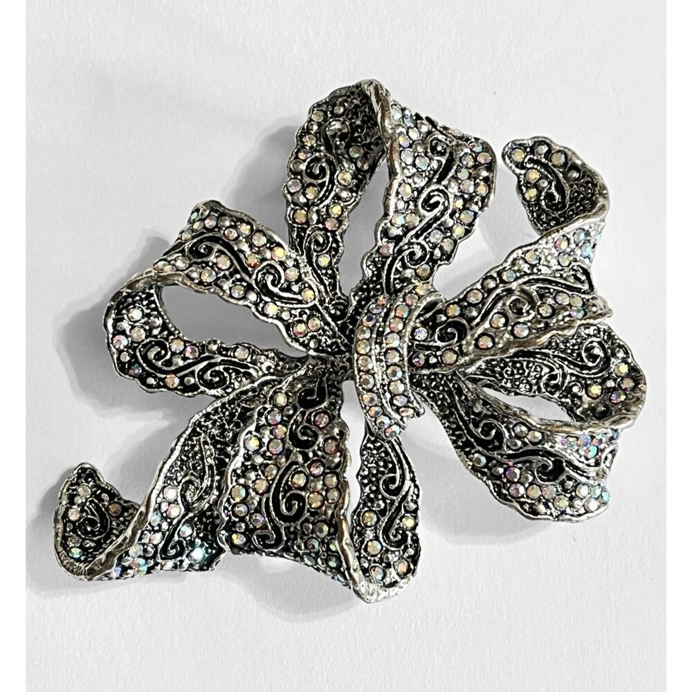 VTG Premier Designs Curly Bow Brooch Pendant Silver Tone Aurora Borealis Crystal